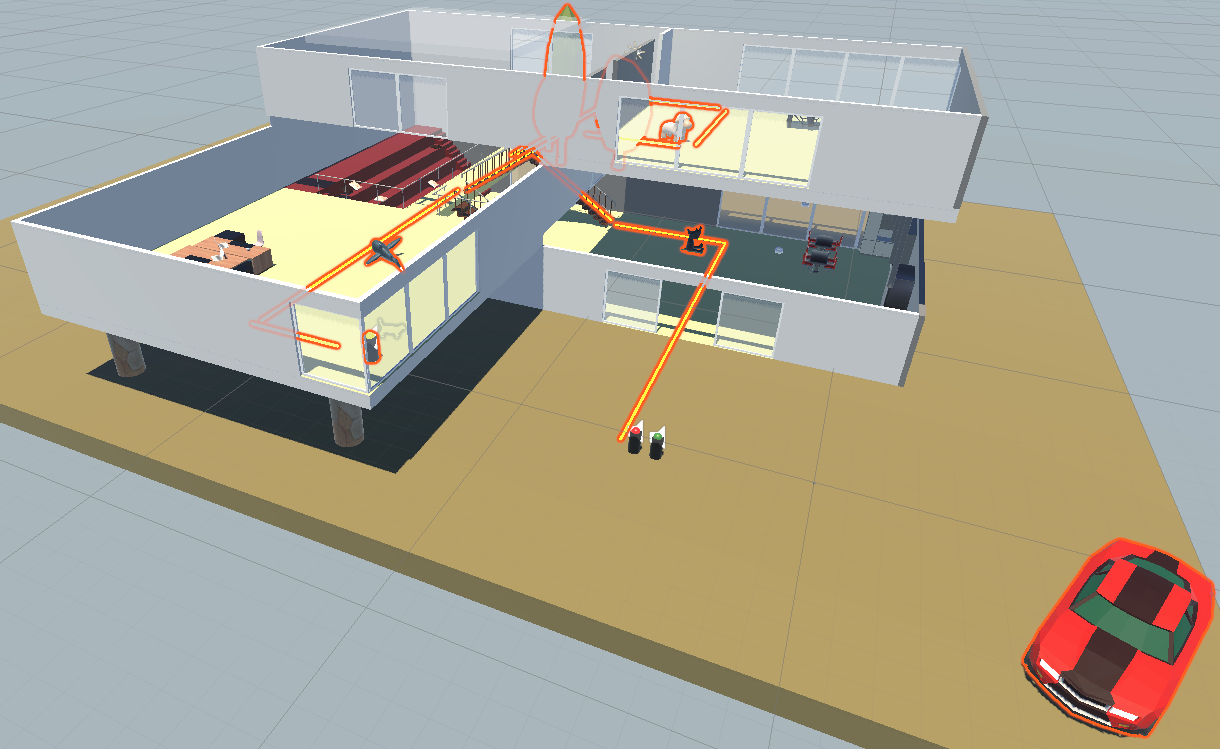 Experiment 1 environment: a three-storey building with the middle floor rotated 90 degrees, viewed in cutaway.