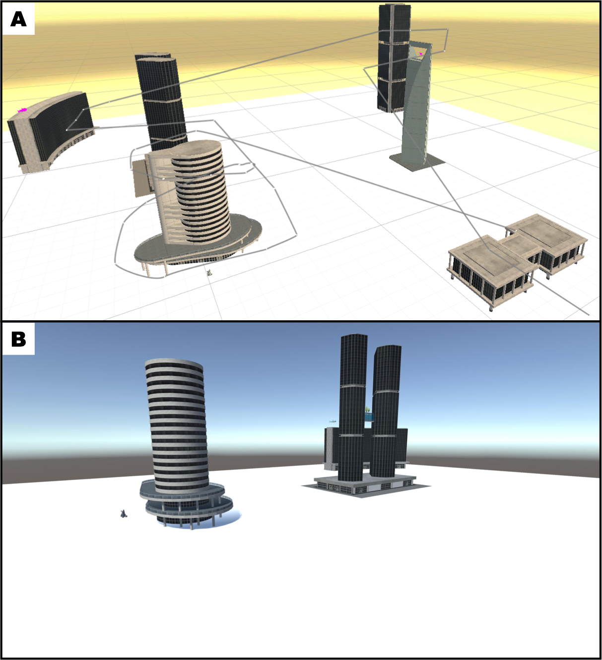 Experiment 2 environment: an urban scene of six buildings with landmarks placed at three different heights.