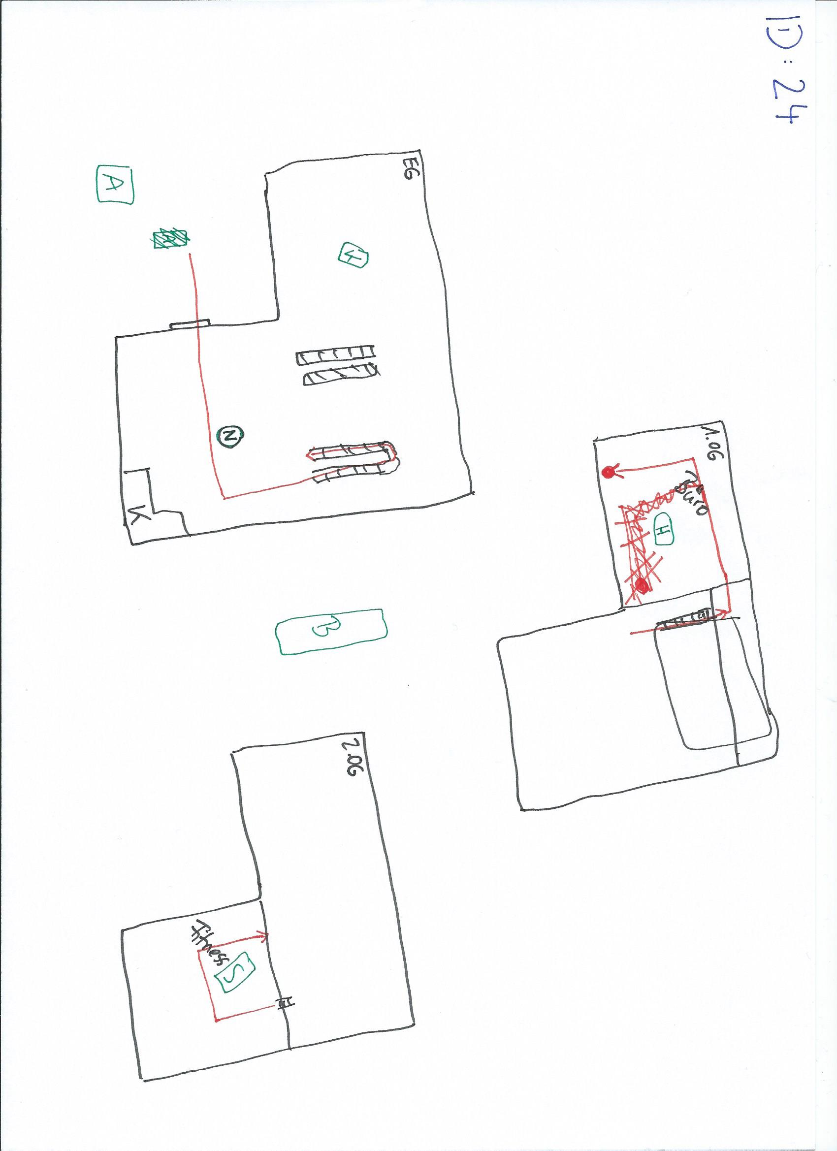 A 2D pen-and-paper sketch map from our dataset, showing the difficulty of representing vertical structure on flat paper.